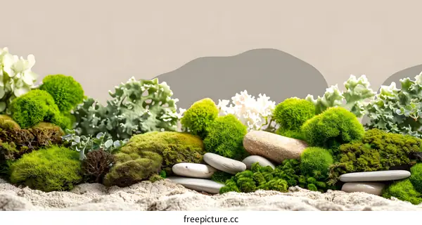 Green Moss and Stone Arrangement on a Sandy Background
