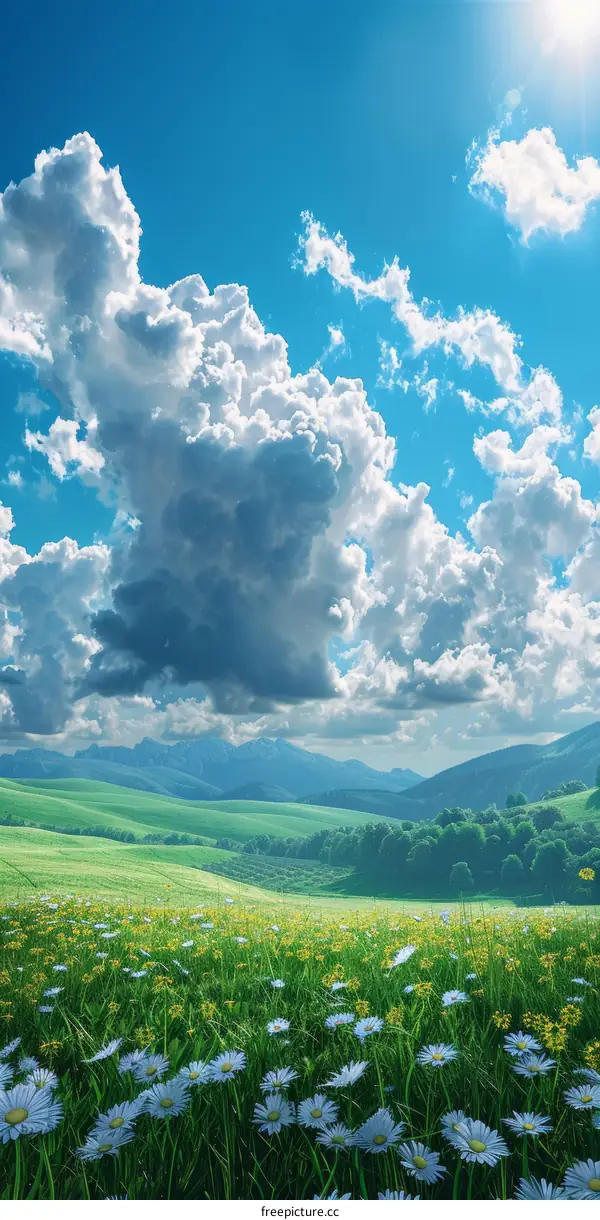Beautiful Spring Meadow Landscape Under Cloudy Sky