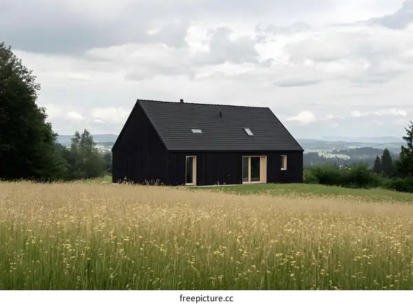 Modern Black House in Field with Green Grass and Yellow Flowers