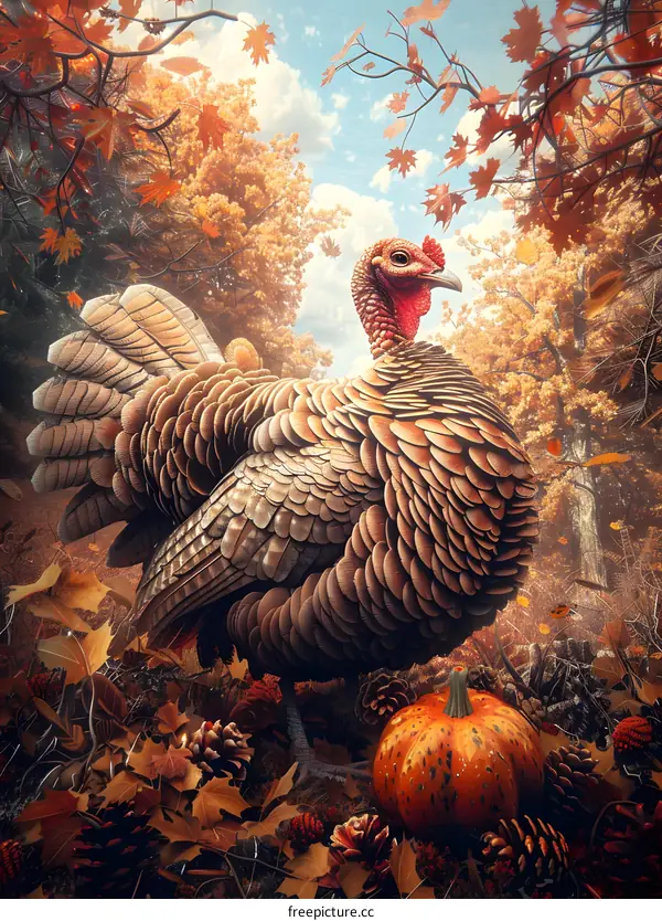 A turkey standing in an autumn forest
