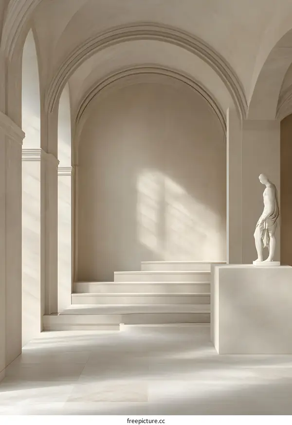 Modern Minimalist Interior With White Marble Statue and Sun Light