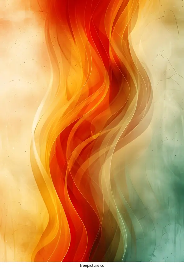 Abstract red and orange waves on a beige and green background