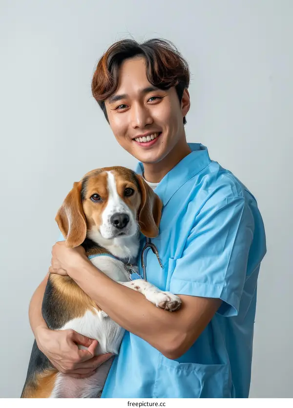 Asian veterinarian smiling while hugging a beagle