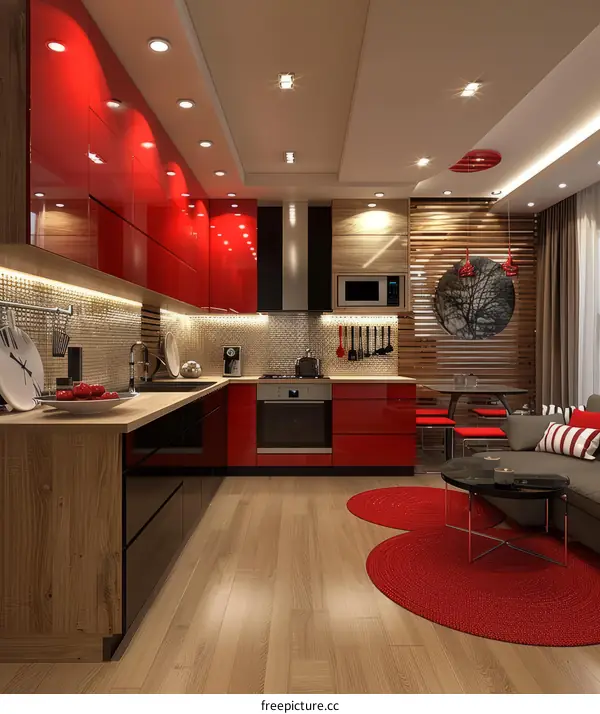 Modern Red Kitchen with Island and Wood Cabinetry