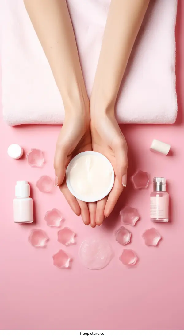 Woman's hands holding an open container of face cream. Around are petals and bottles with cosmetics. The background is pink.
