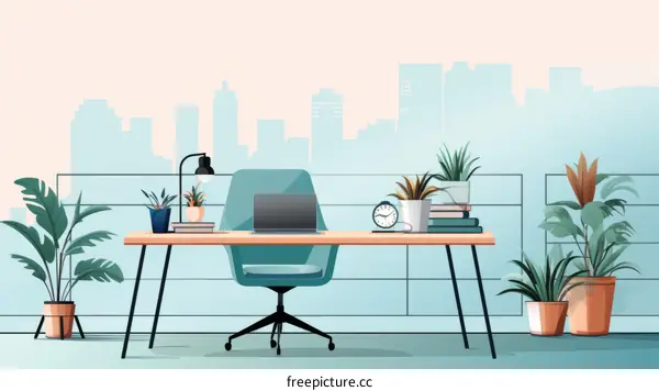 A desk with a laptop, books, plants, and a lamp on it