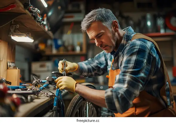 Man fixing bicycle in workshop
