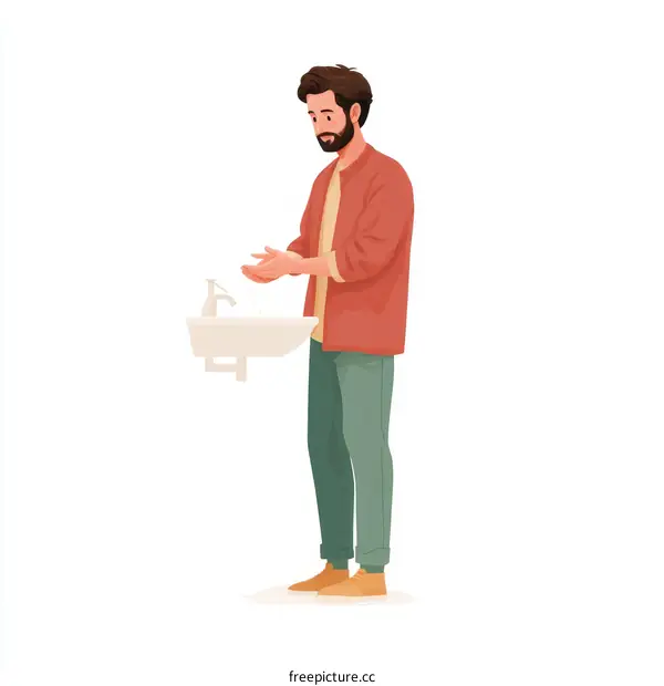 Man Washing Hands at Sink Illustration