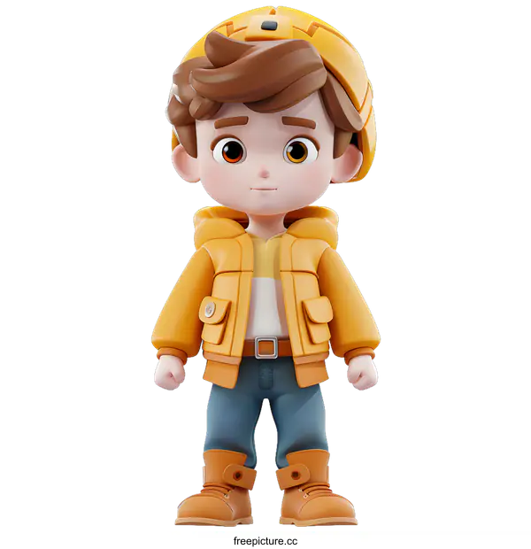 [Transparent Background PNG]Cute Cartoon Boy Wearing Yellow Jacket and Hat 3D Illustration