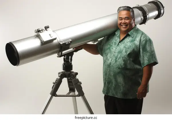 Portrait of an astronomer holding a telescope