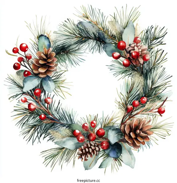 Watercolor Christmas Wreath with Pine Cones and Berries