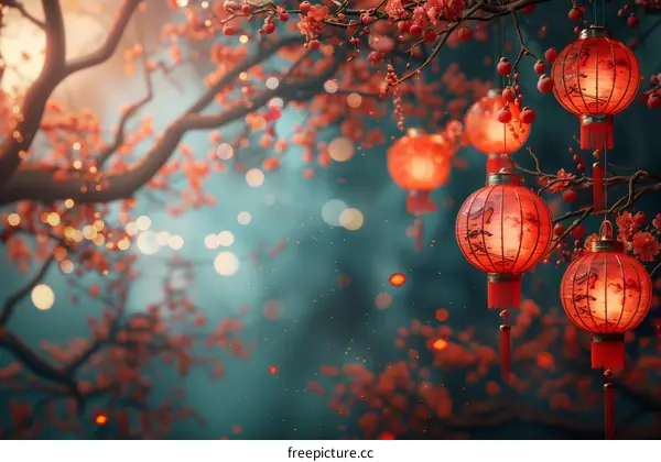 Beautiful Chinese Lanterns in a Blossom Tree