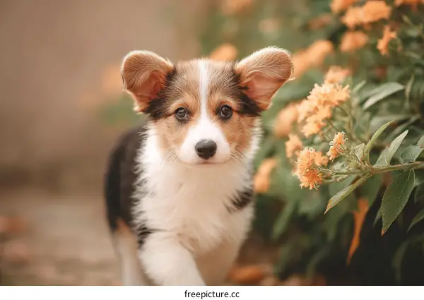 Adorable Puppy in a Flower Garden