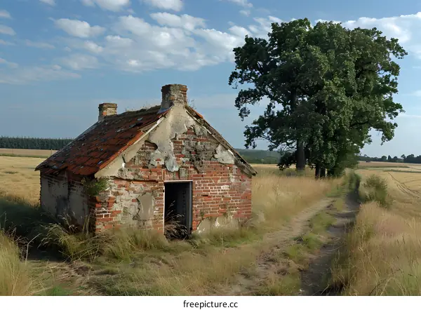 Small brick building with a red roof next to a large tree in a large grass field