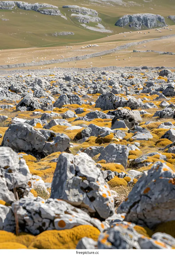 Yellow Moss On Grey Rocks In The Mountains