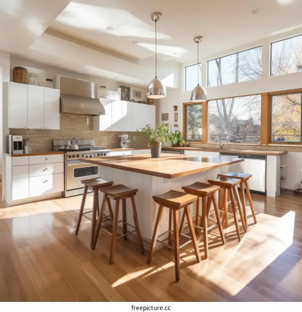An open kitchen with a large island and wood bar stools
