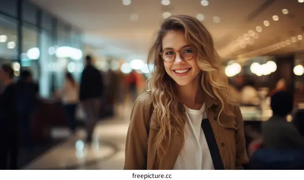 Portrait of a young woman smiling wearing glasses and a brown jacket