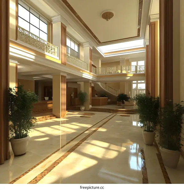 Luxury Hotel Lobby Interior Design with Marble Floors and Columns