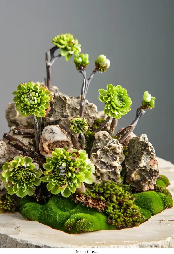 Green Plant Arrangement with Stones and Moss
