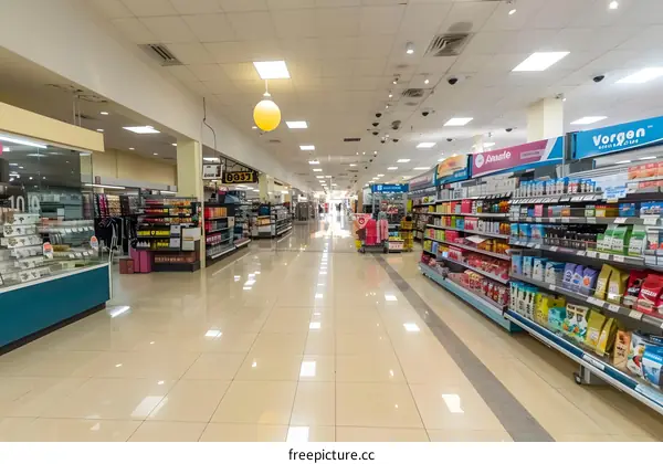 Empty Supermarket Aisle with Shelves Stocked with Products