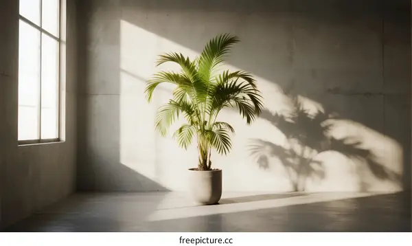 Indoor Green Palm Plant in Modern Concrete Room with Natural Light