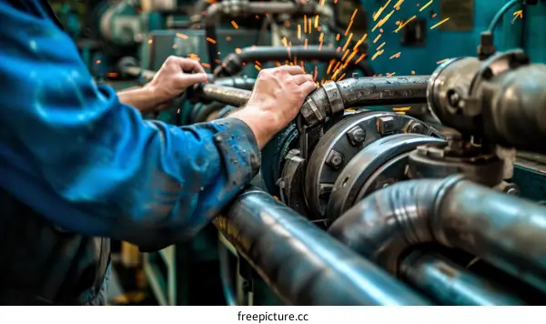 Industrial worker in protective workwear maintaining machinery