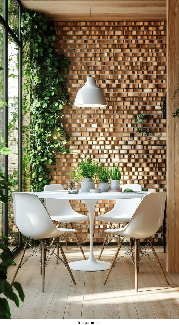 Modern Dining Room with Brick Wall and Plants