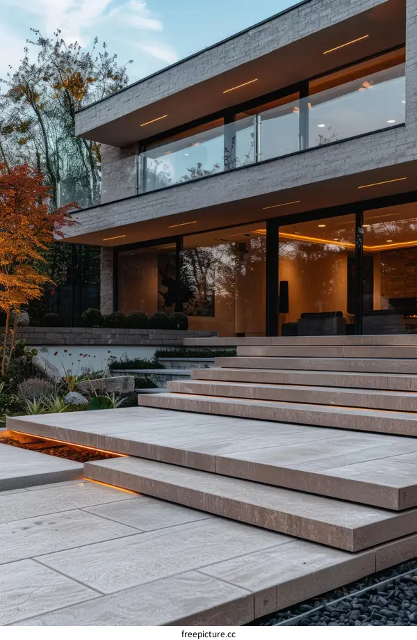 Modern residential house with floor-to-ceiling windows and a terrace with steps to the garden