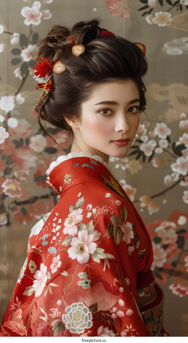 Portrait of a young woman in a red kimono with floral pattern