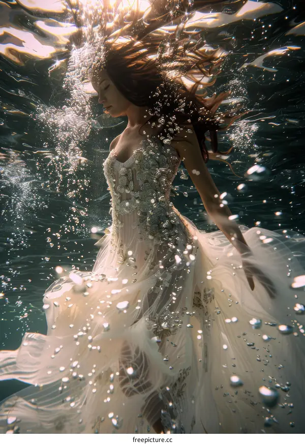 Woman in White Dress Floating Underwater