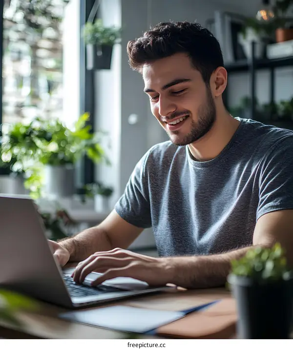 Smiling Man Using Laptop in Home Office