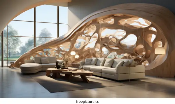 Modern Living Room with Curved Wooden Wall and Comfortable Furniture
