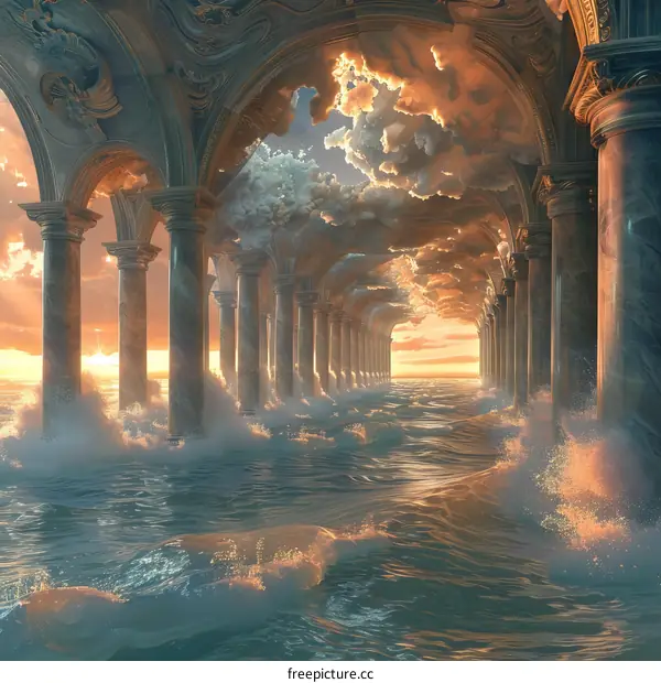 Surrealist Painting: Water-Filled Corridor with Clouds