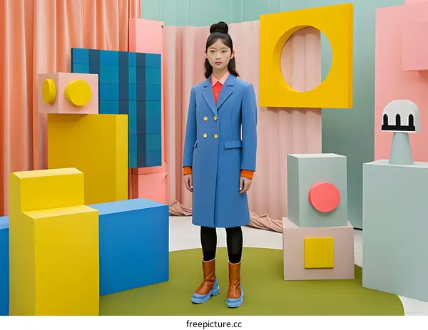 Woman in Blue Coat Standing in a Colorful Geometric Room