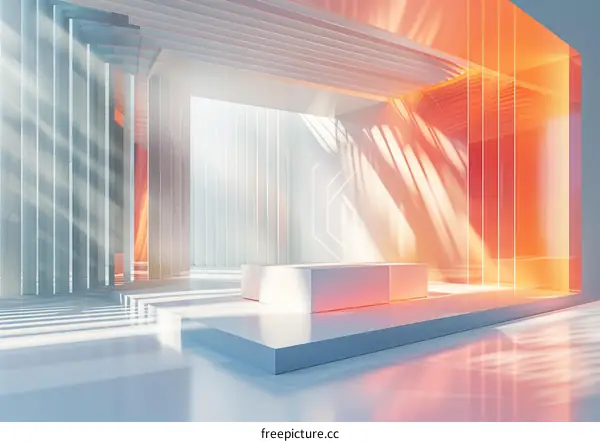 White and orange geometric shapes form an empty stage set