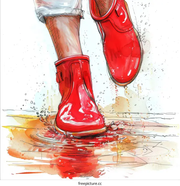 Red Rubber Boots Splashing in a Puddle