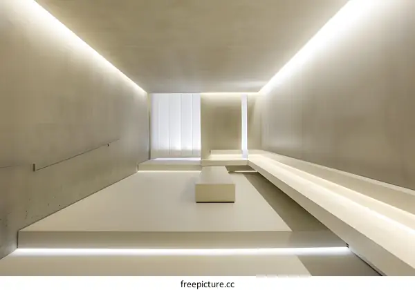 Minimalist Interior Design with White Concrete Walls and Recessed Lighting
