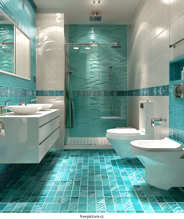 Small bathroom interior with bright green tiles