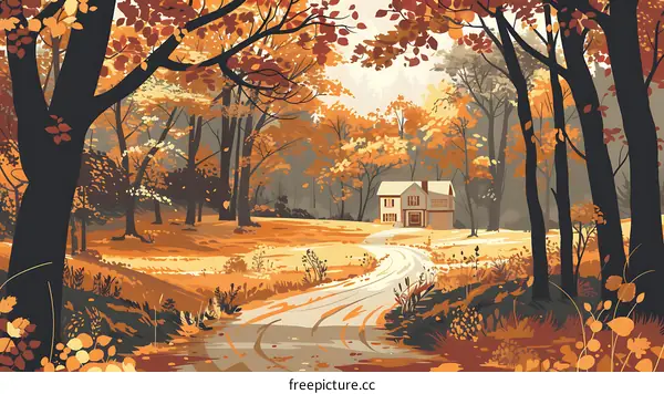 Autumn Landscape With House and Forest