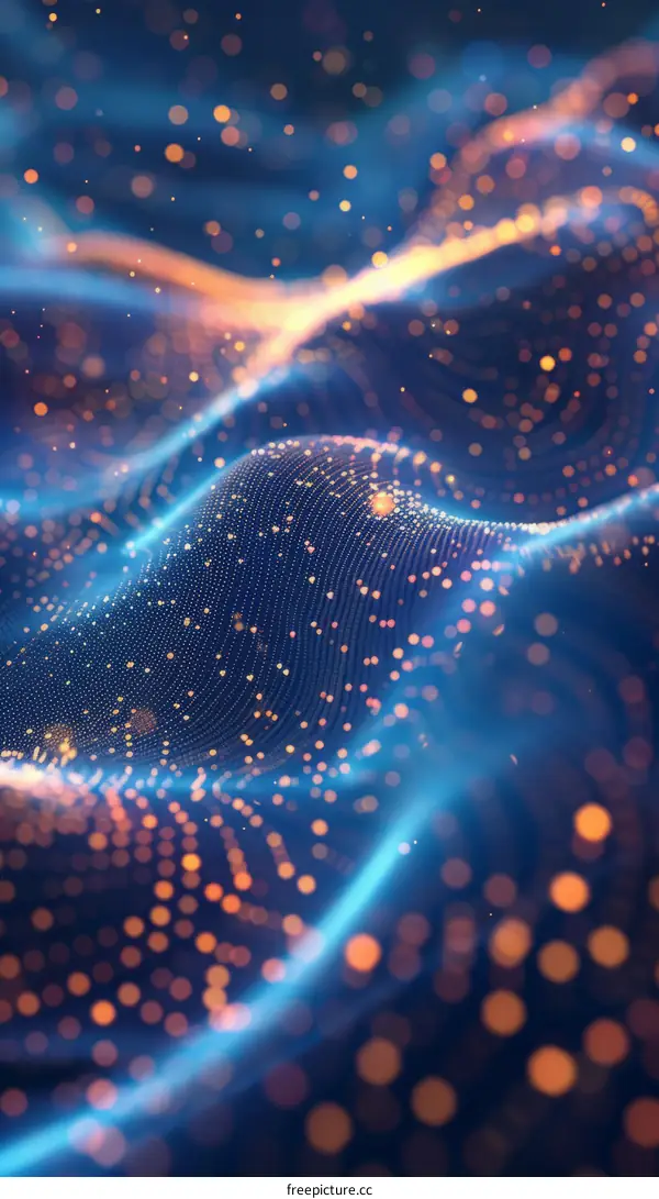 Blue and orange glowing particles form into a wave-like shape