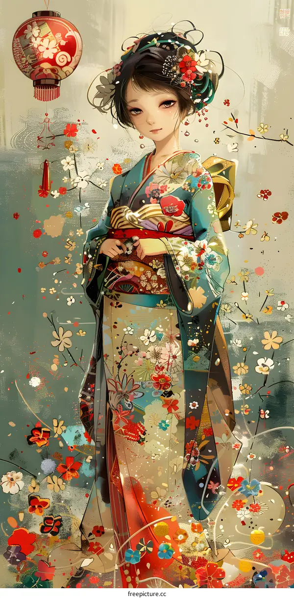 An illustration of a woman wearing a kimono with a floral pattern and a red obi.