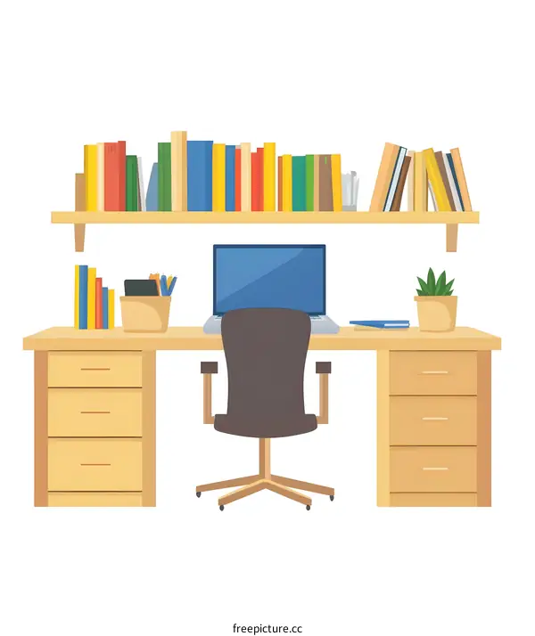 Home Office Workspace Desk with Laptop and Bookshelf