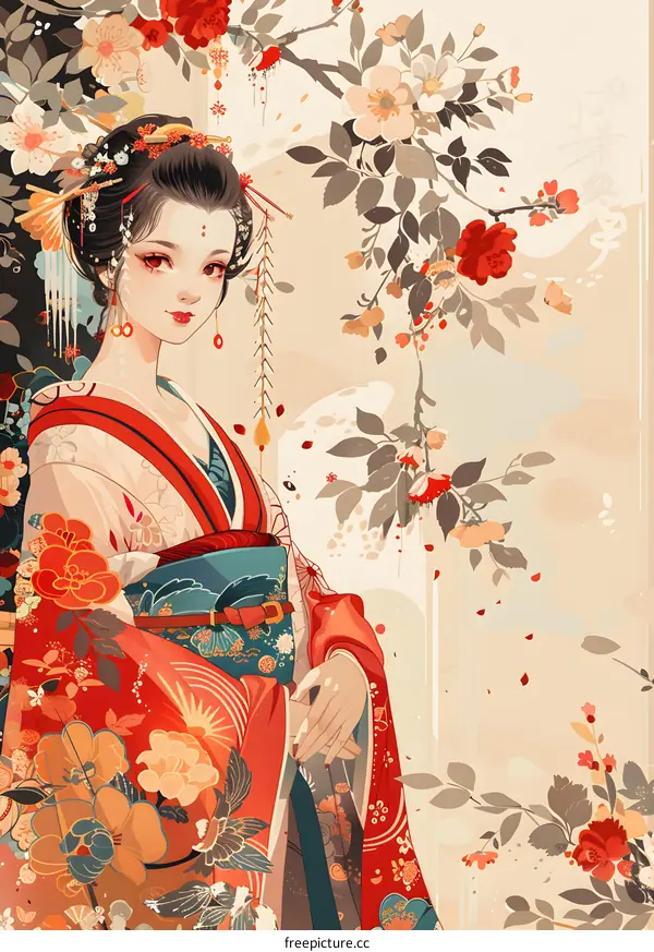 A beautiful Japanese woman in a red kimono stands in a garden of cherry blossoms.