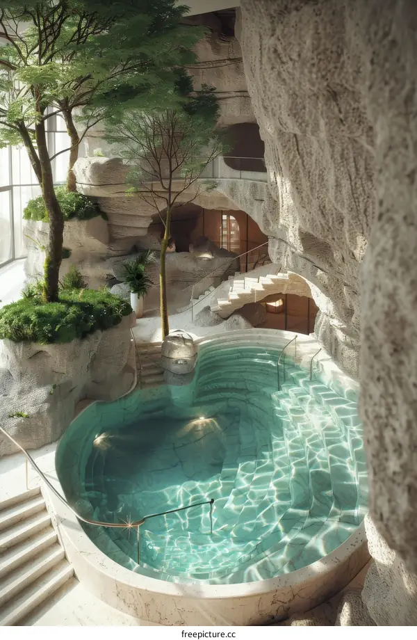 Indoor Cave-Like Spa with Lush Plants