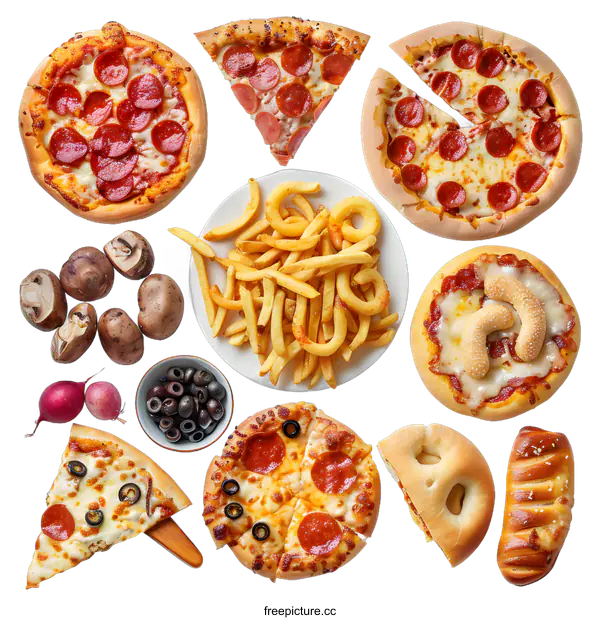 [Transparent Background PNG]Pepperoni Pizza, Fries, Mushrooms, Olives, and Bread Sticks