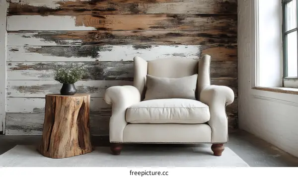 Rustic Living Room with Wooden Accent Table and Armchair