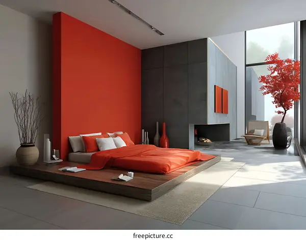 Modern Bedroom Interior Design with Red Accent Wall