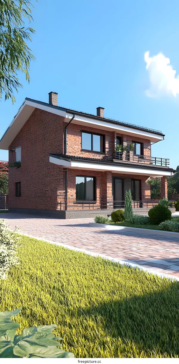 Modern Brick House with Green Grass Lawn