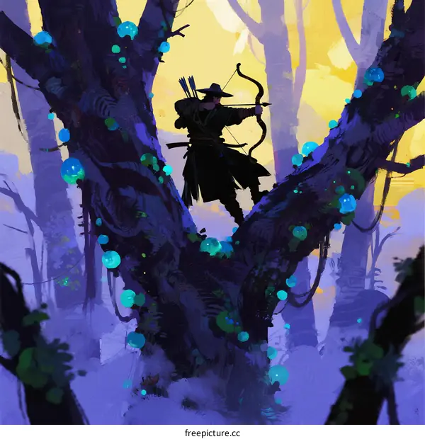 Silhouetted Archer Stands Amidst Glowing Forest Trees at Dusk