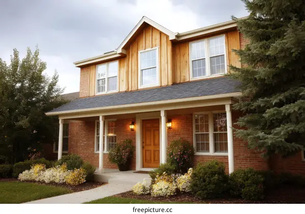 Suburban Home Exterior with Wooden Siding